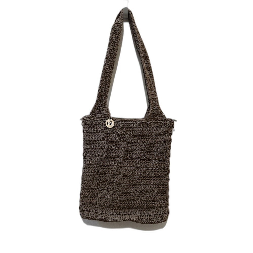 The SAK Shoulder Bag Crochet Brown Double Handled Zip Top EUC